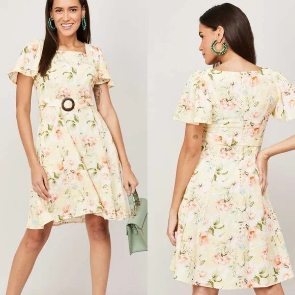 Code By Lifestyle Women’s Size 12 Yellow Floral Linen Cotton Fit & Flare Dress - Picture 5 of 16